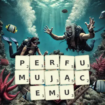 Kreatywna ilustracja do gry w Scrabble ze słowem PERFUMUJĄCEMU ułożonym z płytek na planszy.