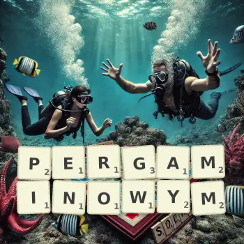 Kreatywna ilustracja do gry w Scrabble ze słowem PERGAMINOWYM ułożonym z płytek na planszy.