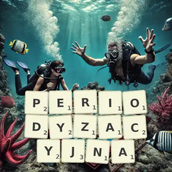 Kreatywna ilustracja do gry w Scrabble ze słowem PERIODYZACYJNA ułożonym z płytek na planszy.