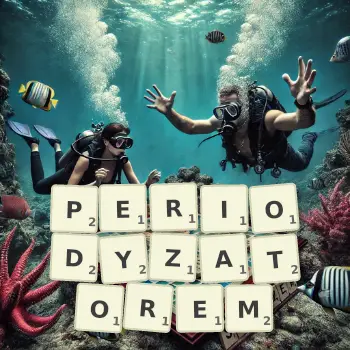 Kreatywna ilustracja do gry w Scrabble ze słowem PERIODYZATOREM ułożonym z płytek na planszy.