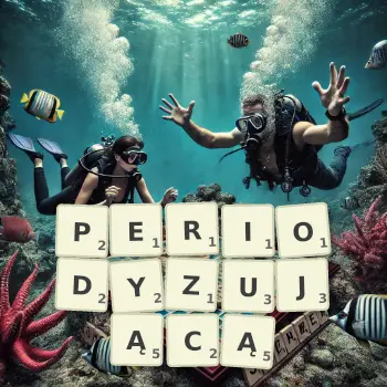 Kreatywna ilustracja do gry w Scrabble ze słowem PERIODYZUJĄCĄ ułożonym z płytek na planszy.