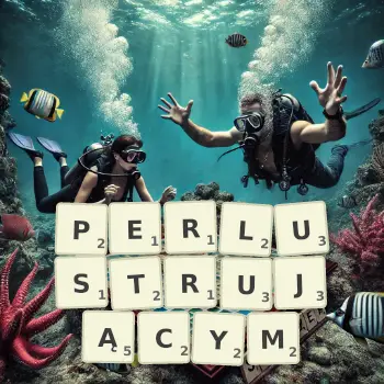 Kreatywna ilustracja do gry w Scrabble ze słowem PERLUSTRUJĄCYM ułożonym z płytek na planszy.