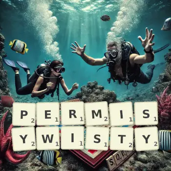 Kreatywna ilustracja do gry w Scrabble ze słowem PERMISYWISTY ułożonym z płytek na planszy.