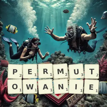 Kreatywna ilustracja do gry w Scrabble ze słowem PERMUTOWANIE ułożonym z płytek na planszy.