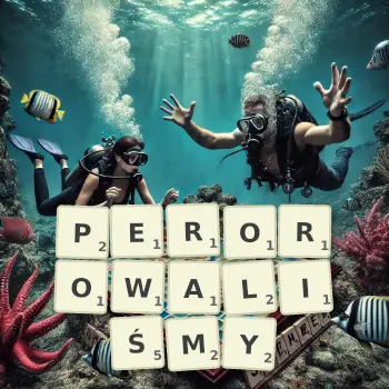 Kreatywna ilustracja do gry w Scrabble ze słowem PEROROWALIŚMY ułożonym z płytek na planszy.