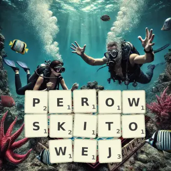 Kreatywna ilustracja do gry w Scrabble ze słowem PEROWSKITOWEJ ułożonym z płytek na planszy.