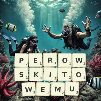 Kreatywna ilustracja do gry w Scrabble ze słowem PEROWSKITOWEMU ułożonym z płytek na planszy.