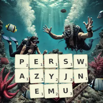 Kreatywna ilustracja do gry w Scrabble ze słowem PERSWAZYJNEMU ułożonym z płytek na planszy.