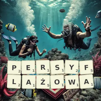 Kreatywna ilustracja do gry w Scrabble ze słowem PERSYFLAŻOWA ułożonym z płytek na planszy.