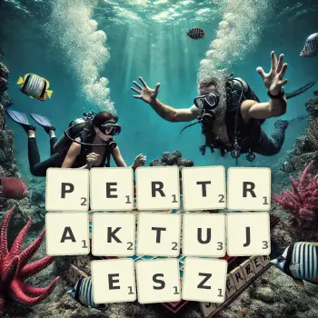 Kreatywna ilustracja do gry w Scrabble ze słowem PERTRAKTUJESZ ułożonym z płytek na planszy.
