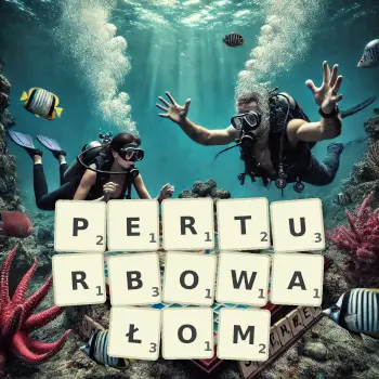 Kreatywna ilustracja do gry w Scrabble ze słowem PERTURBOWAŁOM ułożonym z płytek na planszy.