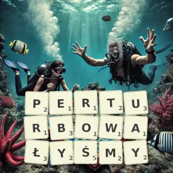 Kreatywna ilustracja do gry w Scrabble ze słowem PERTURBOWAŁYŚMY ułożonym z płytek na planszy.