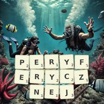 Kreatywna ilustracja do gry w Scrabble ze słowem PERYFERYCZNEJ ułożonym z płytek na planszy.