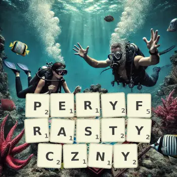 Kreatywna ilustracja do gry w Scrabble ze słowem PERYFRASTYCZNY ułożonym z płytek na planszy.