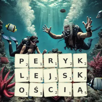Kreatywna ilustracja do gry w Scrabble ze słowem PERYKLEJSKOŚCIĄ ułożonym z płytek na planszy.