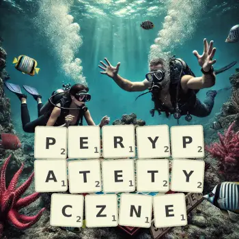 Kreatywna ilustracja do gry w Scrabble ze słowem PERYPATETYCZNE ułożonym z płytek na planszy.