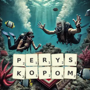 Kreatywna ilustracja do gry w Scrabble ze słowem PERYSKOPOM ułożonym z płytek na planszy.