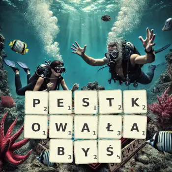 Kreatywna ilustracja do gry w Scrabble ze słowem PESTKOWAŁABYŚ ułożonym z płytek na planszy.