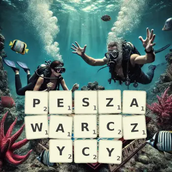 Kreatywna ilustracja do gry w Scrabble ze słowem PESZAWARCZYCY ułożonym z płytek na planszy.