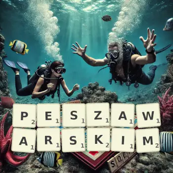 Kreatywna ilustracja do gry w Scrabble ze słowem PESZAWARSKIM ułożonym z płytek na planszy.