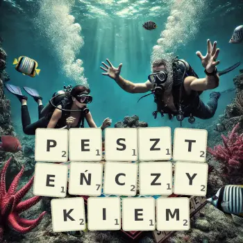 Kreatywna ilustracja do gry w Scrabble ze słowem PESZTEŃCZYKIEM ułożonym z płytek na planszy.