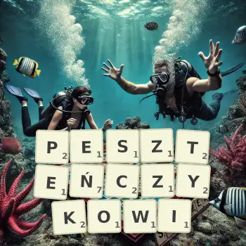 Kreatywna ilustracja do gry w Scrabble ze słowem PESZTEŃCZYKOWI ułożonym z płytek na planszy.