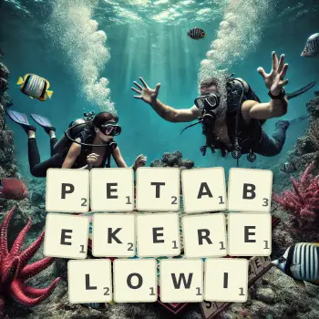 Kreatywna ilustracja do gry w Scrabble ze słowem PETABEKERELOWI ułożonym z płytek na planszy.