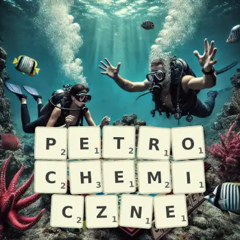 Kreatywna ilustracja do gry w Scrabble ze słowem PETROCHEMICZNE ułożonym z płytek na planszy.