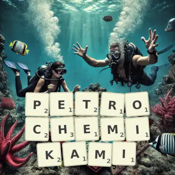 Kreatywna ilustracja do gry w Scrabble ze słowem PETROCHEMIKAMI ułożonym z płytek na planszy.