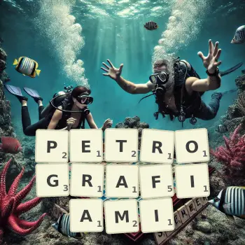 Kreatywna ilustracja do gry w Scrabble ze słowem PETROGRAFIAMI ułożonym z płytek na planszy.
