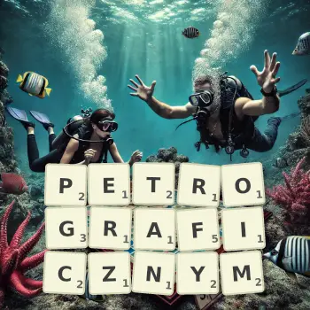 Kreatywna ilustracja do gry w Scrabble ze słowem PETROGRAFICZNYM ułożonym z płytek na planszy.