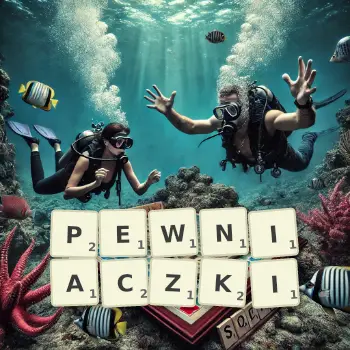 Kreatywna ilustracja do gry w Scrabble ze słowem PEWNIACZKI ułożonym z płytek na planszy.