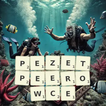 Kreatywna ilustracja do gry w Scrabble ze słowem PEZETPEEROWCE ułożonym z płytek na planszy.