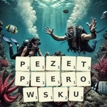Kreatywna ilustracja do gry w Scrabble ze słowem PEZETPEEROWSKU ułożonym z płytek na planszy.
