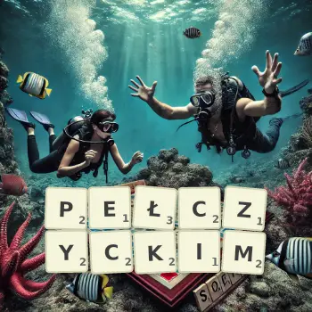 Kreatywna ilustracja do gry w Scrabble ze słowem PEŁCZYCKIM ułożonym z płytek na planszy.