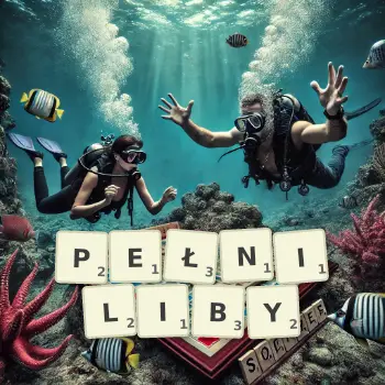 Kreatywna ilustracja do gry w Scrabble ze słowem PEŁNILIBY ułożonym z płytek na planszy.