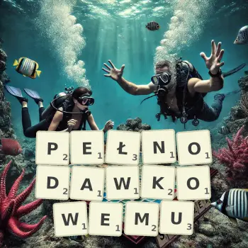 Kreatywna ilustracja do gry w Scrabble ze słowem PEŁNODAWKOWEMU ułożonym z płytek na planszy.