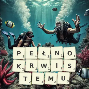 Kreatywna ilustracja do gry w Scrabble ze słowem PEŁNOKRWISTEMU ułożonym z płytek na planszy.