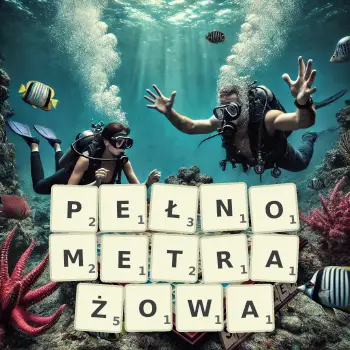 Kreatywna ilustracja do gry w Scrabble ze słowem PEŁNOMETRAŻOWA ułożonym z płytek na planszy.