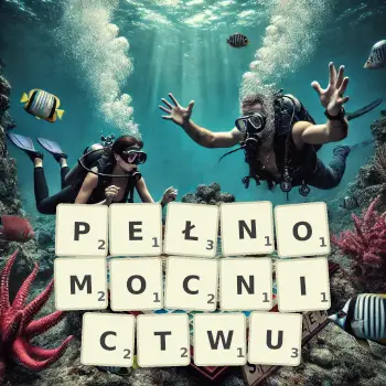 Kreatywna ilustracja do gry w Scrabble ze słowem PEŁNOMOCNICTWU ułożonym z płytek na planszy.