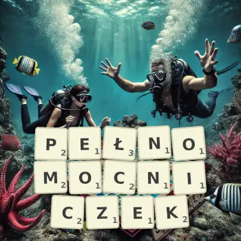 Kreatywna ilustracja do gry w Scrabble ze słowem PEŁNOMOCNICZEK ułożonym z płytek na planszy.