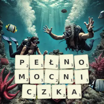 Kreatywna ilustracja do gry w Scrabble ze słowem PEŁNOMOCNICZKA ułożonym z płytek na planszy.