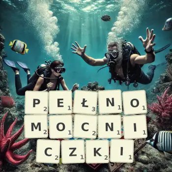 Kreatywna ilustracja do gry w Scrabble ze słowem PEŁNOMOCNICZKI ułożonym z płytek na planszy.