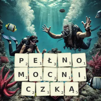 Kreatywna ilustracja do gry w Scrabble ze słowem PEŁNOMOCNICZKĄ ułożonym z płytek na planszy.