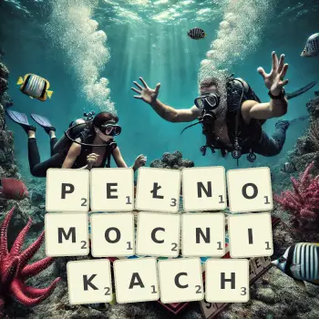 Kreatywna ilustracja do gry w Scrabble ze słowem PEŁNOMOCNIKACH ułożonym z płytek na planszy.