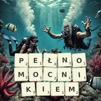 Kreatywna ilustracja do gry w Scrabble ze słowem PEŁNOMOCNIKIEM ułożonym z płytek na planszy.