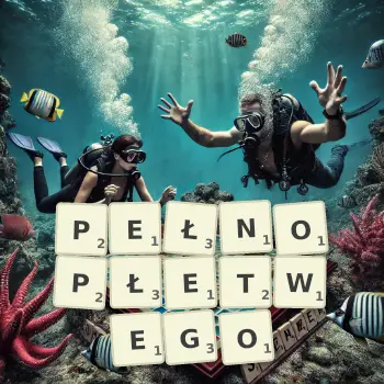 Kreatywna ilustracja do gry w Scrabble ze słowem PEŁNOPŁETWEGO ułożonym z płytek na planszy.