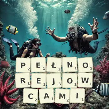 Kreatywna ilustracja do gry w Scrabble ze słowem PEŁNOREJOWCAMI ułożonym z płytek na planszy.