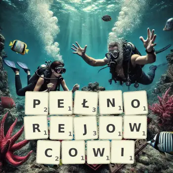 Kreatywna ilustracja do gry w Scrabble ze słowem PEŁNOREJOWCOWI ułożonym z płytek na planszy.