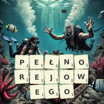 Kreatywna ilustracja do gry w Scrabble ze słowem PEŁNOREJOWEGO ułożonym z płytek na planszy.